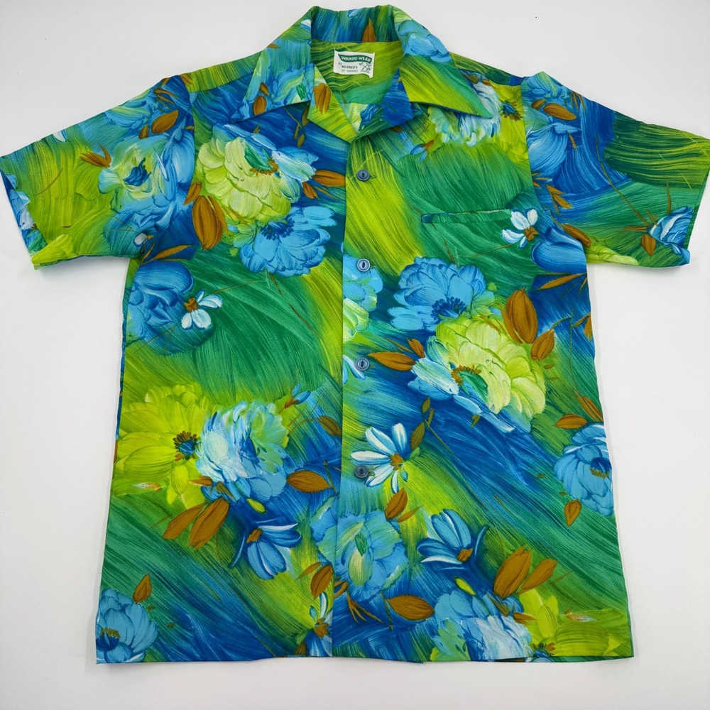Waikiki-Wear by Mildred's of Hawaii Button Up Mens Small Green Blue Floral Aloha